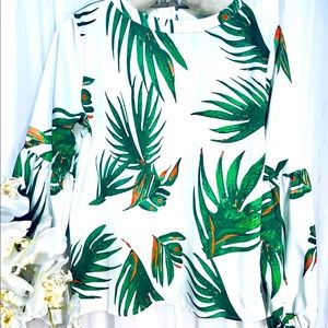 Palm Tropical Blouse Long Flounce Sleeve *New Size Large